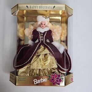 1996 Happy Holidays Barbie Christmas Winter Burgundy Velvet and Gold 15646